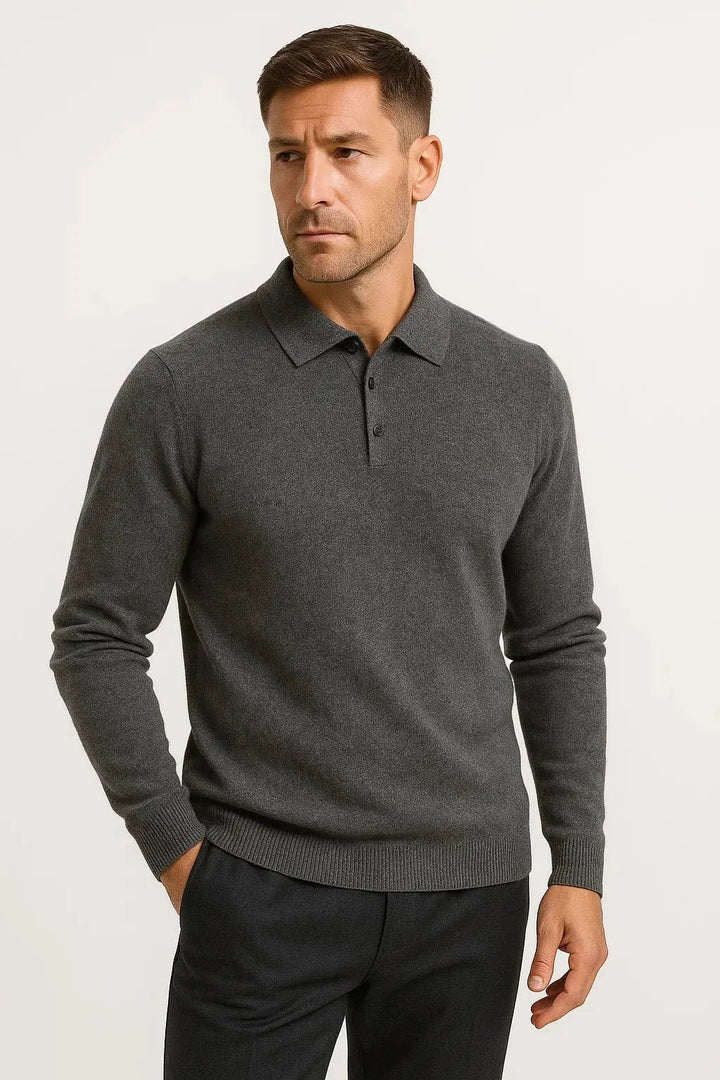 Men's Merino Wool Long Sleeve Knit Polo Sweater | Classic Collar Pull Hero