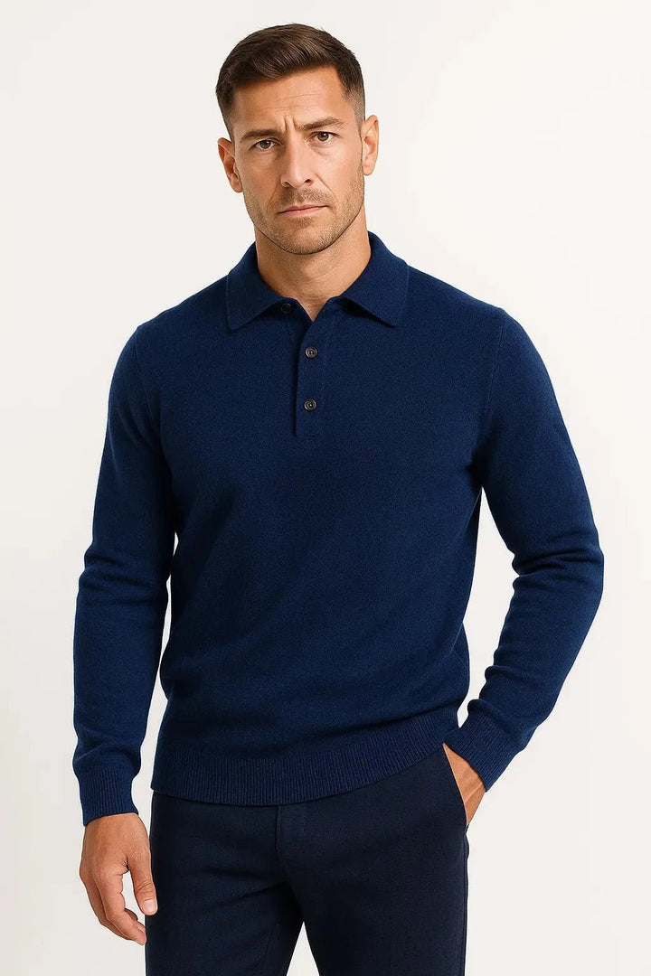 Men's Merino Wool Long Sleeve Knit Polo Sweater | Classic Collar Pull Side
