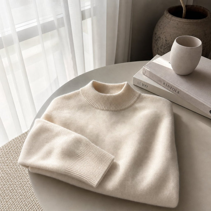 Men's Mock Neck Knit Sweater | Ribbed Trim Detail Angle