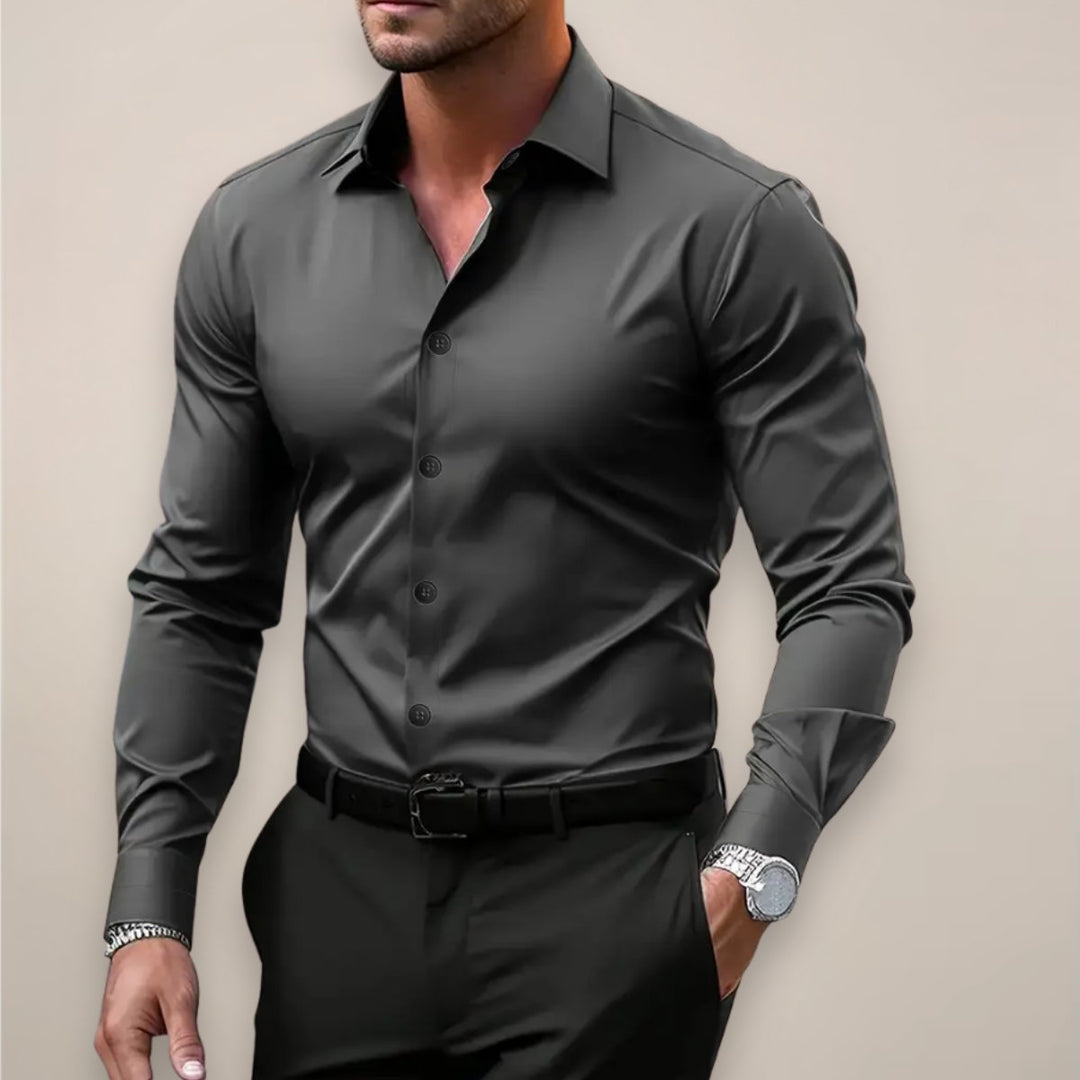 Men's Notched Collar Shirt | Slim Fit Long Sleeve Front