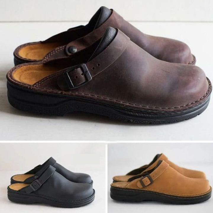 Men's Orthopedic Leather Clogs | Open Heel Slip On Close Up