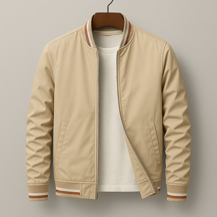 Men's Oxford Bomber Jacket | City Fit with Striped Ribbed Trim Back