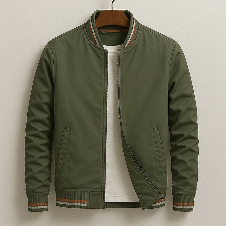 Men's Oxford Bomber Jacket | City Fit with Striped Ribbed Trim Front