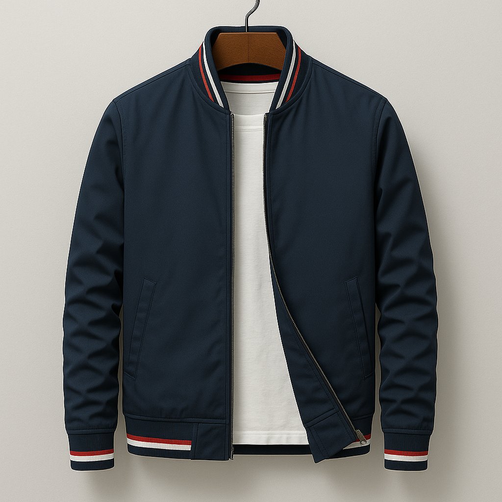 Men's Oxford Bomber Jacket | City Fit with Striped Ribbed Trim Hero