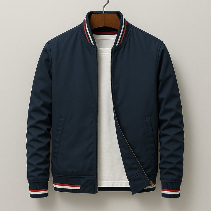 Men's Oxford Bomber Jacket | City Fit with Striped Ribbed Trim Hero