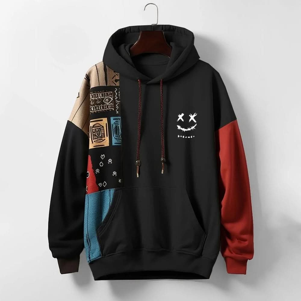 Men's Patchwork Contrast Hoodie | Relaxed Fit Cotton Blend Detail