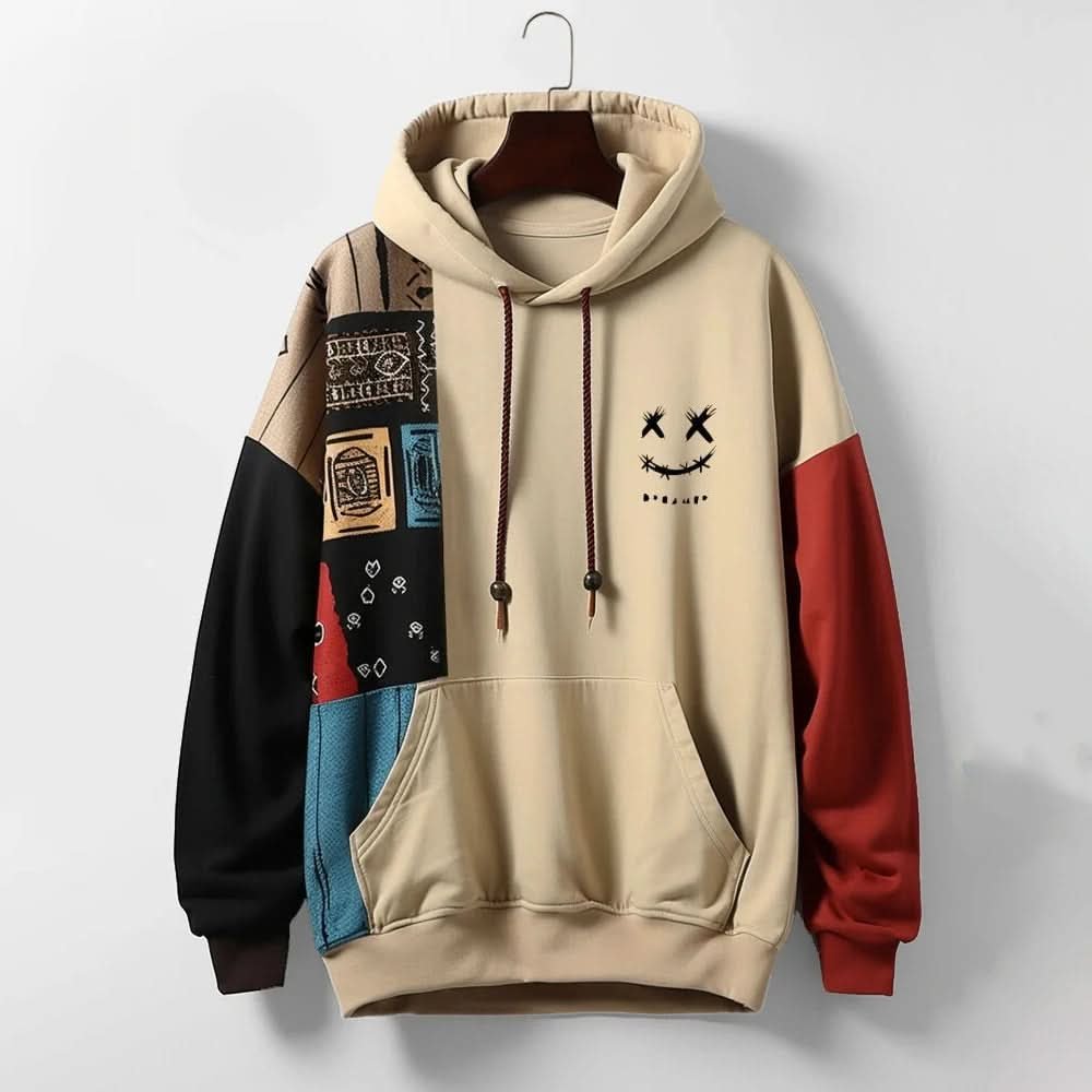 Men's Patchwork Contrast Hoodie | Relaxed Fit Cotton Blend Front