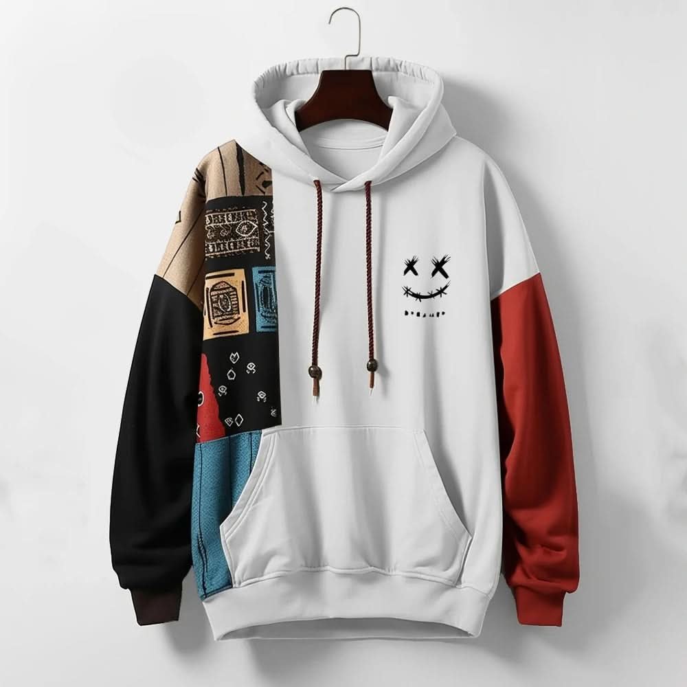 Men's Patchwork Contrast Hoodie | Relaxed Fit Cotton Blend Side