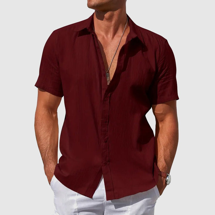 Men's Pintuck Short Sleeve Linen Shirt Close Up