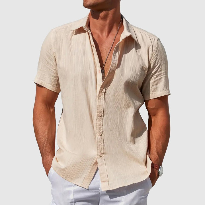 Men's Pintuck Short Sleeve Linen Shirt Front