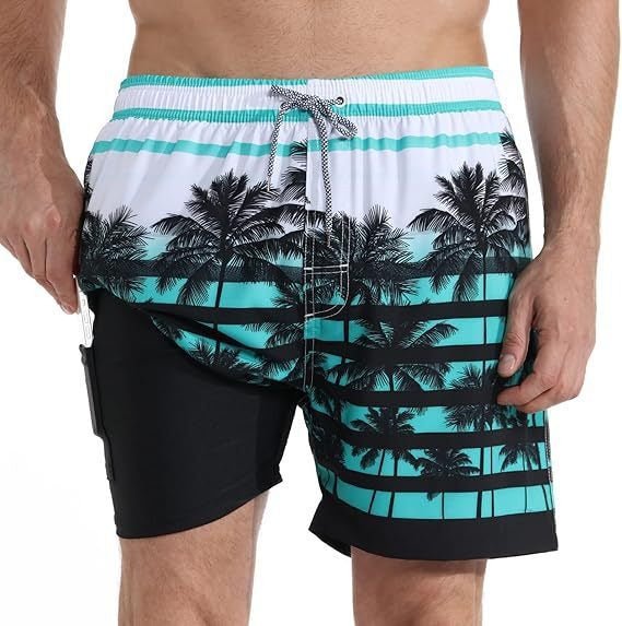Men's Quick Dry Swim Shorts | Compression Liner Tropical Print Alternate