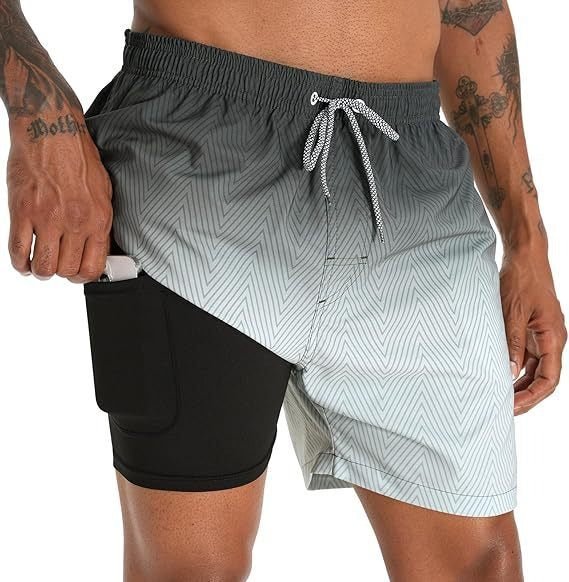 Men's Quick Dry Swim Shorts | Compression Liner Tropical Print Angle