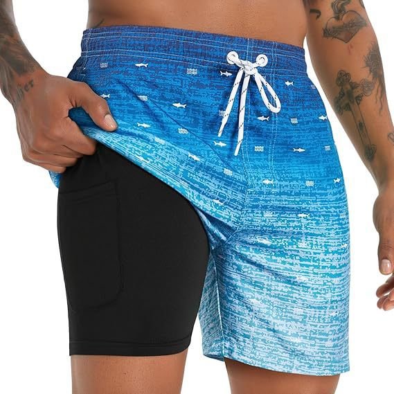 Men's Quick Dry Swim Shorts | Compression Liner Tropical Print Back
