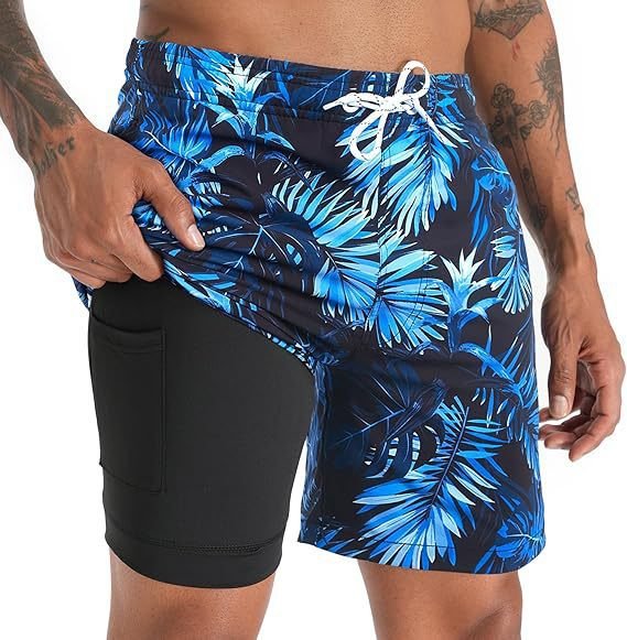 Men's Quick Dry Swim Shorts | Compression Liner Tropical Print Close Up