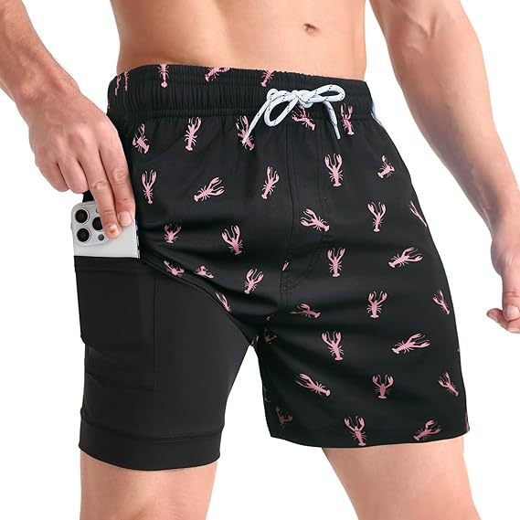 Men's Quick Dry Swim Shorts | Compression Liner Tropical Print Detail