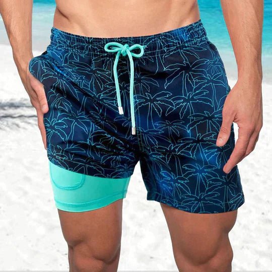 Men's Quick Dry Swim Shorts | Compression Liner Tropical Print Front