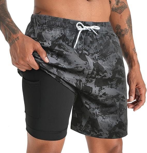 Men's Quick Dry Swim Shorts | Compression Liner Tropical Print Full