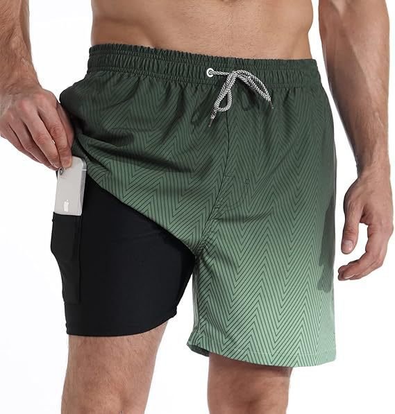 Men's Quick Dry Swim Shorts | Compression Liner Tropical Print Side