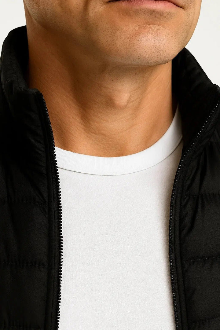 Men's Quilted Sleeveless Puffer Vest | Stand Collar Winter Layer Close Up