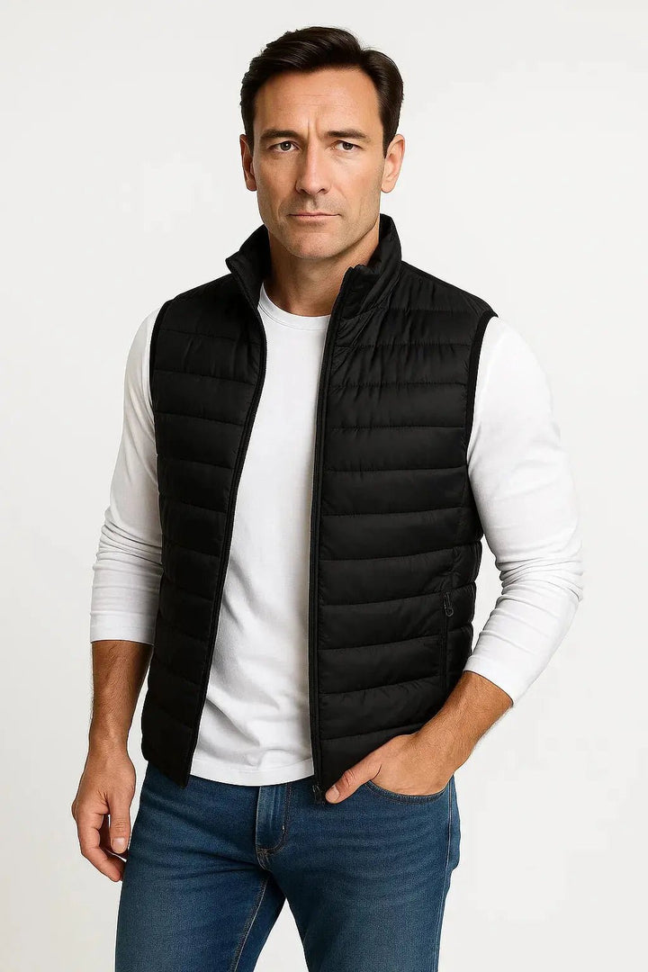 Men's Quilted Sleeveless Puffer Vest | Stand Collar Winter Layer Side