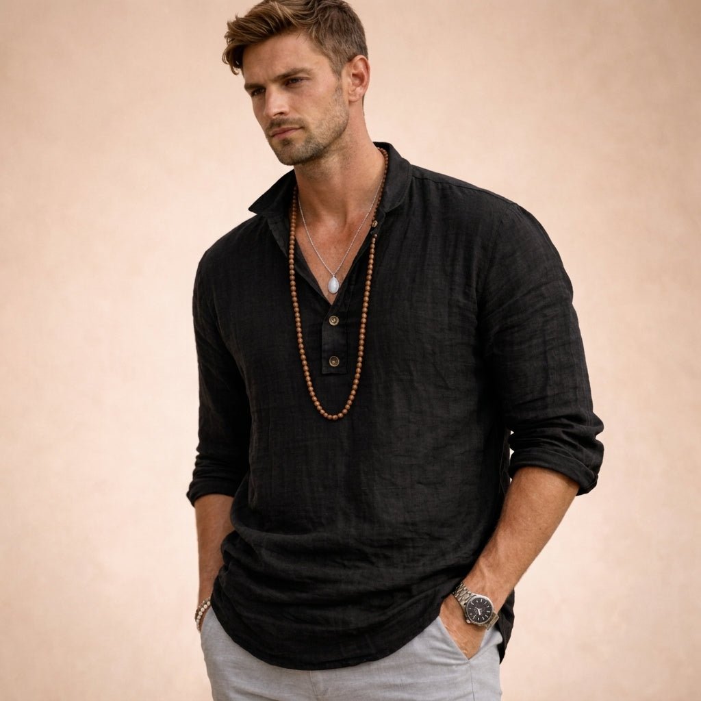 Men's Relaxed Linen Shirt | Henley Button Placket Detail