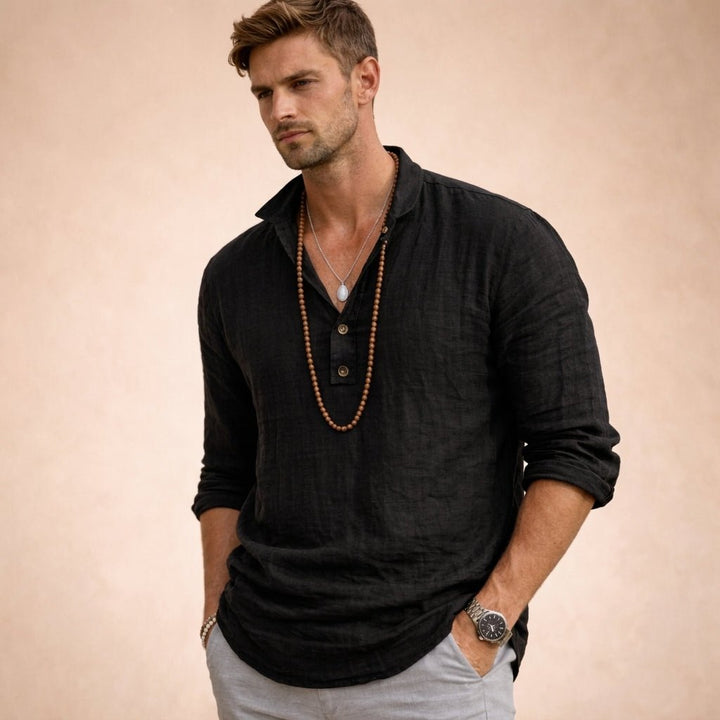 Men's Relaxed Linen Shirt | Henley Button Placket Detail