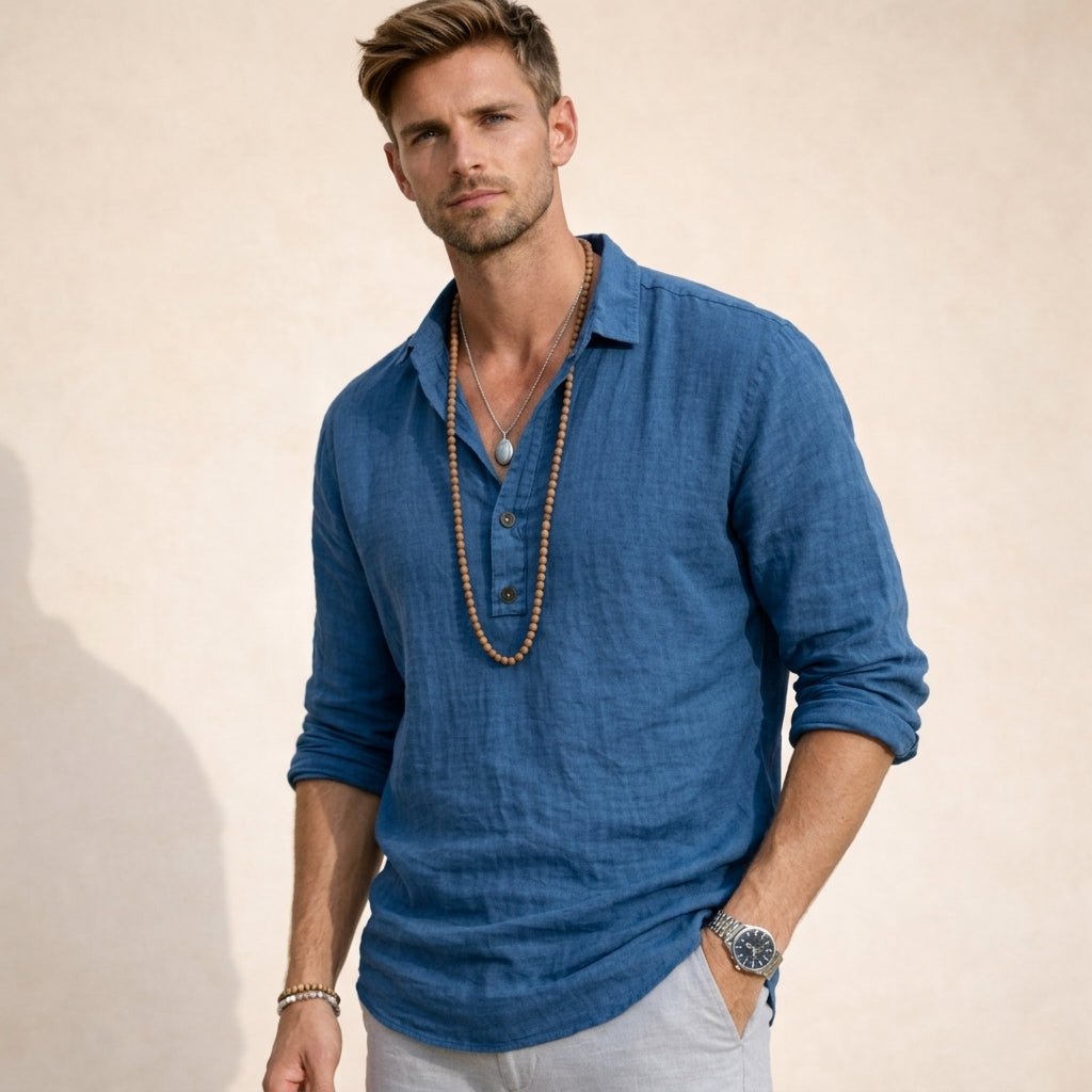 Men's Relaxed Linen Shirt | Henley Button Placket Front