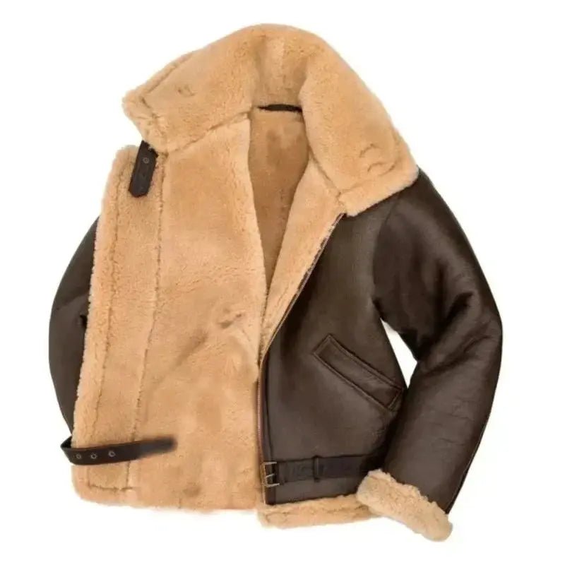 Men's Shearling Aviator Pilot Jacket | Zip Up with Lapel Collar Front