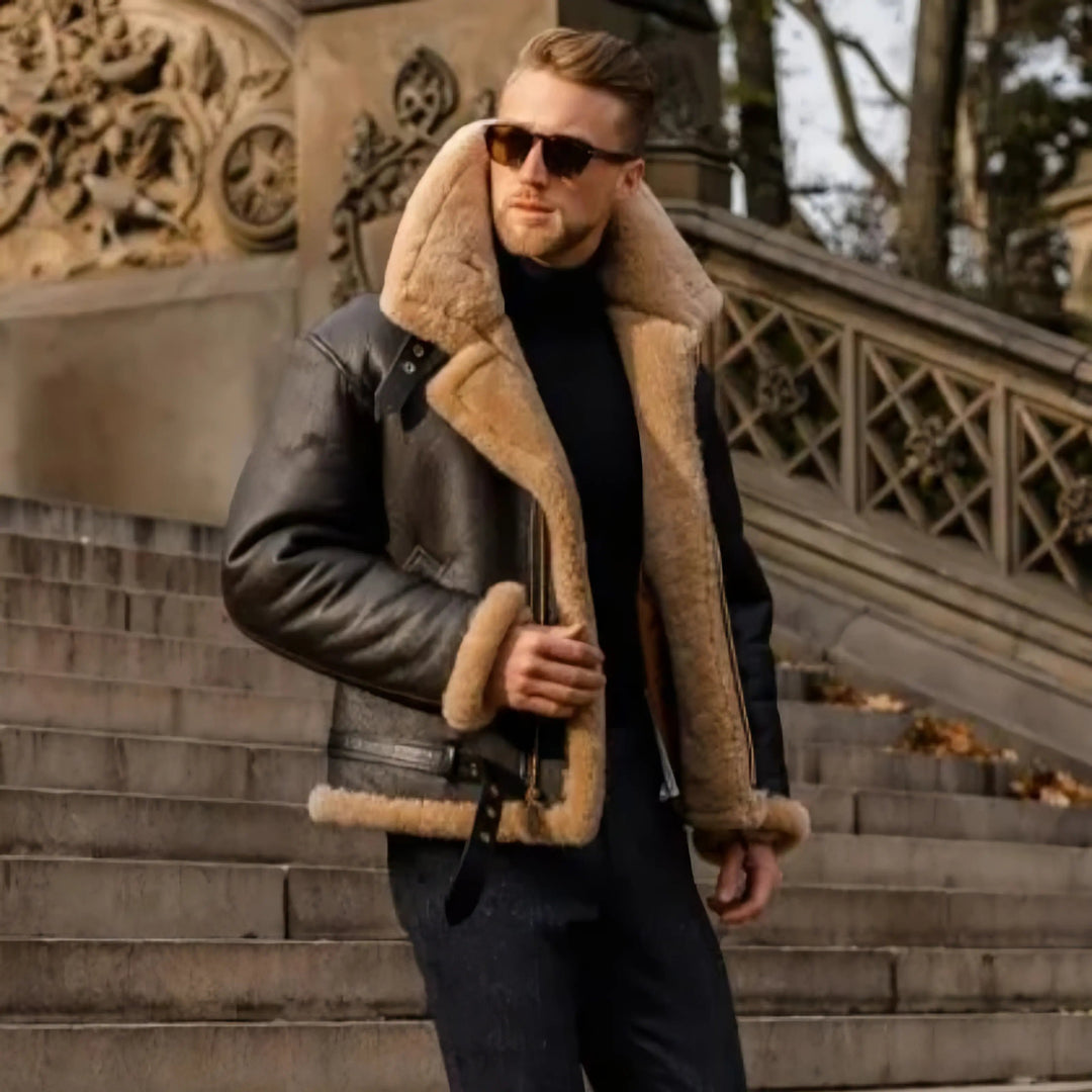 Men's Shearling Aviator Pilot Jacket | Zip Up with Lapel Collar Side