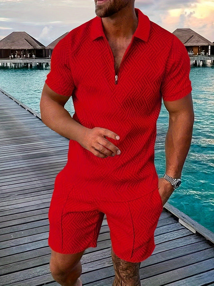Men's Shirts Shorts Set | Jacquard Texture Co-ord Back