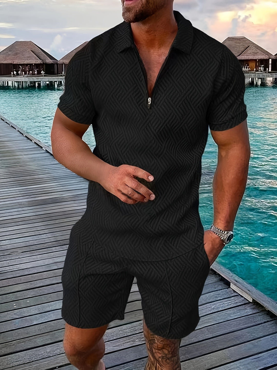 Men's Shirts Shorts Set | Jacquard Texture Co-ord Close Up