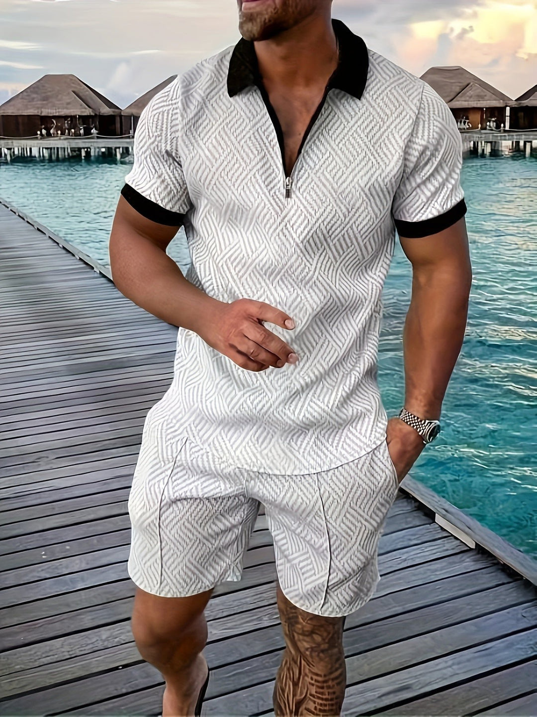 Men's Shirts Shorts Set | Jacquard Texture Co-ord Side