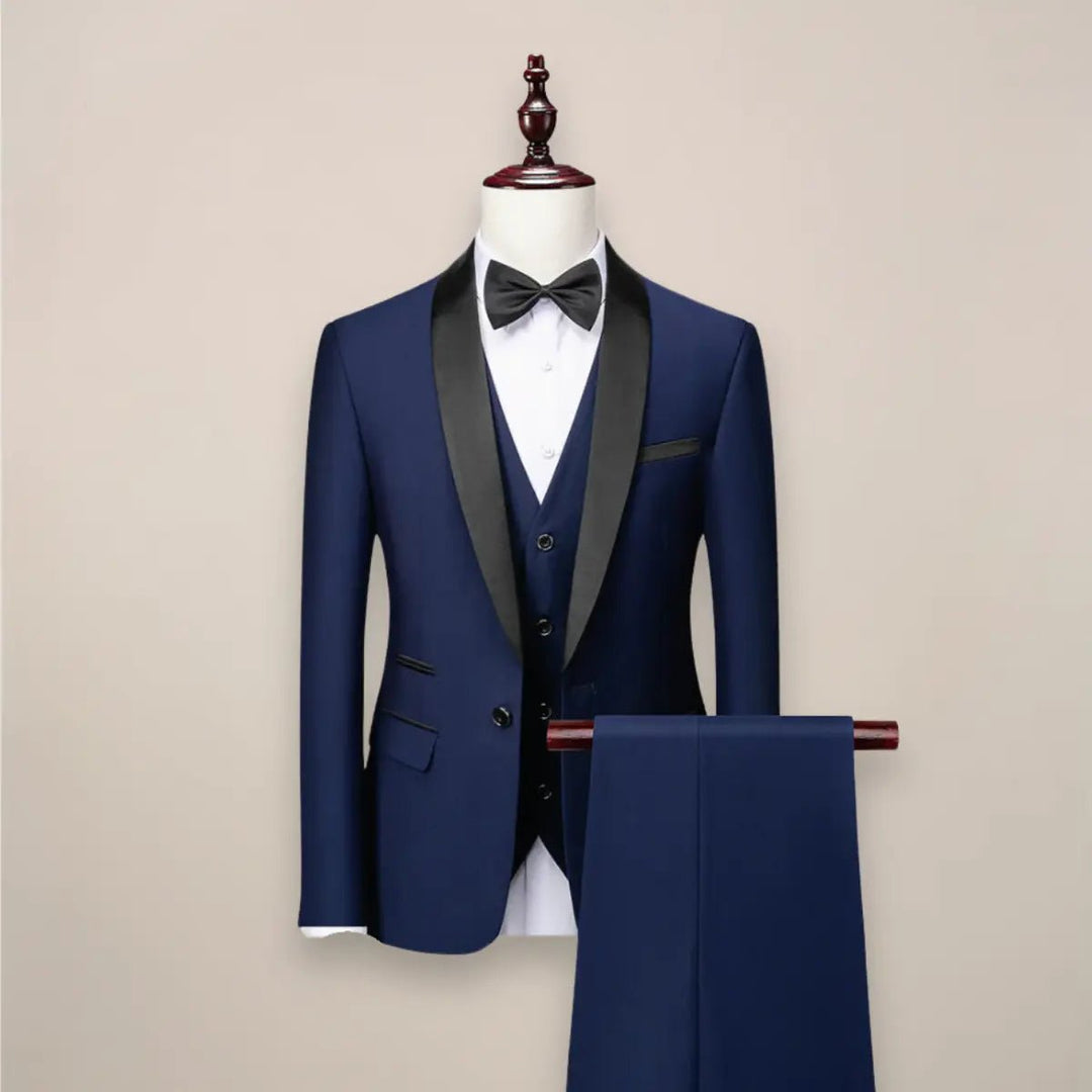 Men's Slim Fit 3-Piece Tuxedo Suit | Shawl Collar Formal Set Detail