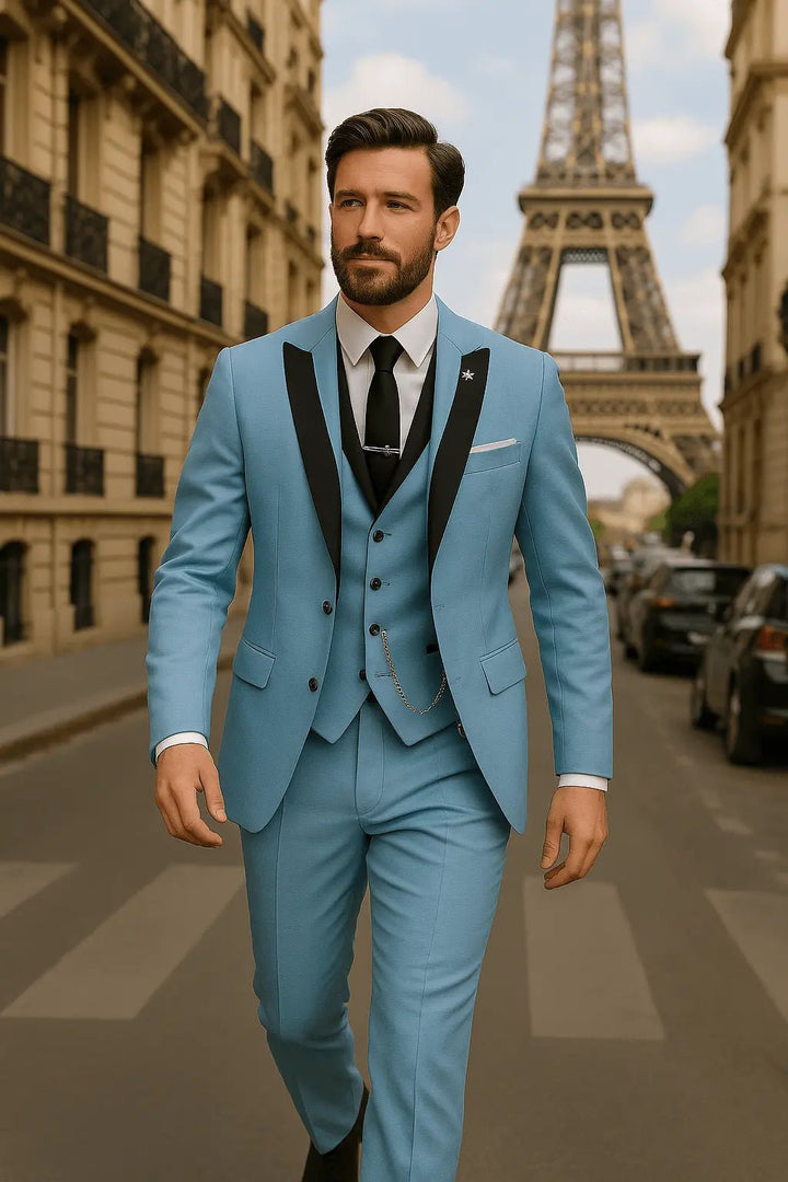Men's Slim Fit Three-Piece Suit | Contrast Lapel Waistcoat Formal Set Back