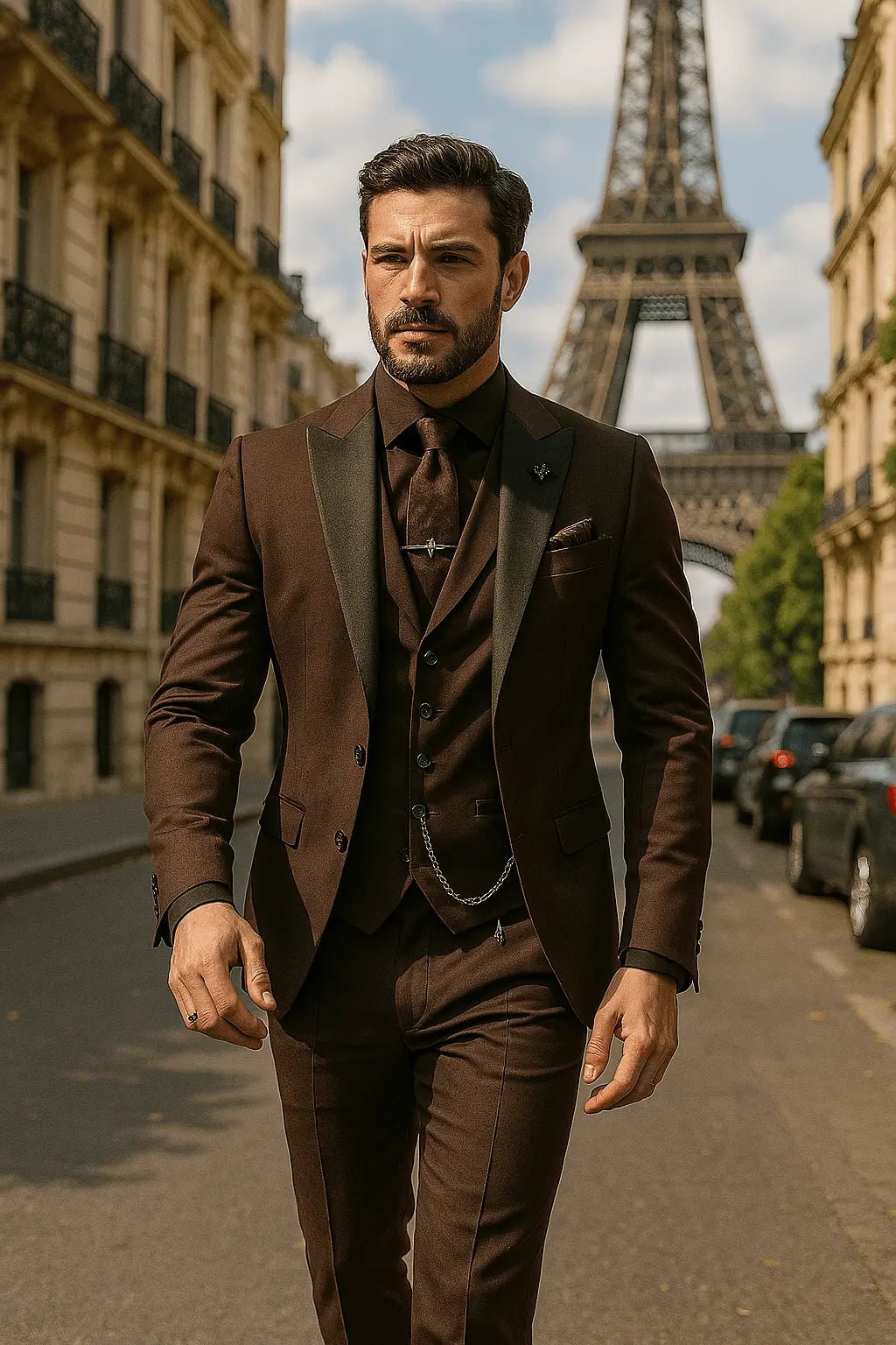 Men's Slim Fit Three-Piece Suit | Contrast Lapel Waistcoat Formal Set Close Up