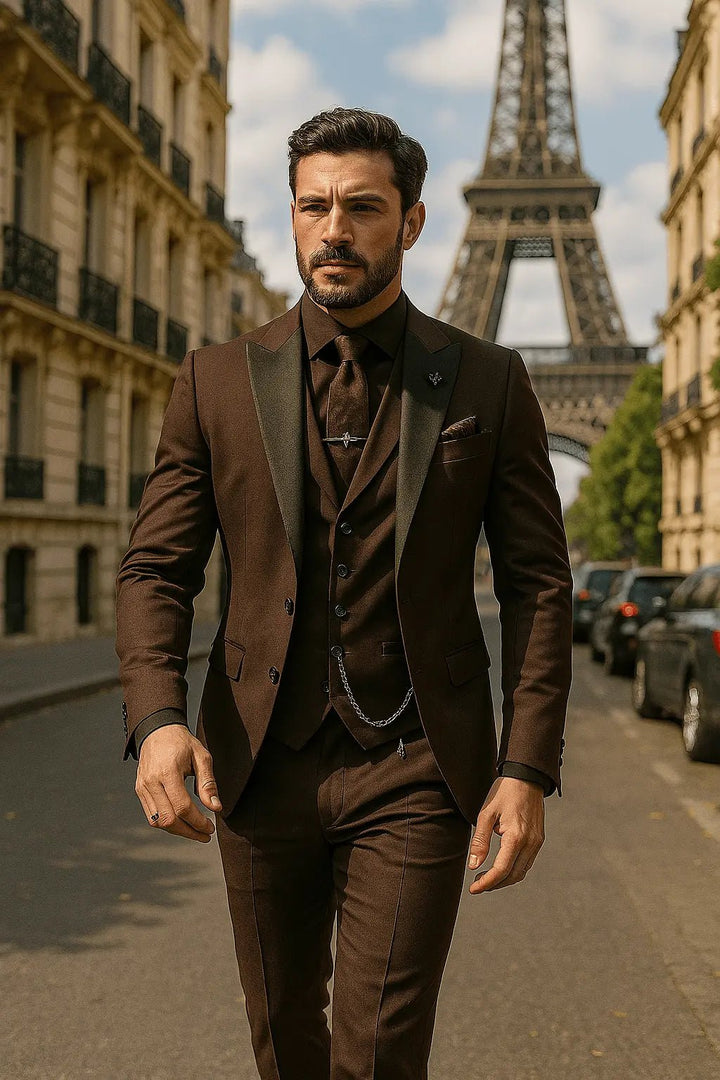 Men's Slim Fit Three-Piece Suit | Contrast Lapel Waistcoat Formal Set Close Up