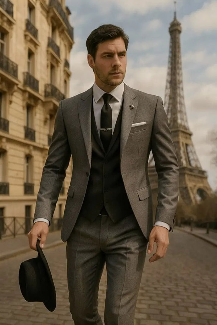 Men's Slim Fit Three-Piece Suit | Contrast Lapel Waistcoat Formal Set Detail