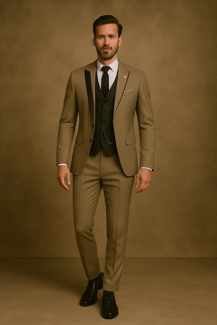 Men's Slim Fit Three-Piece Suit | Contrast Lapel Waistcoat Formal Set Full