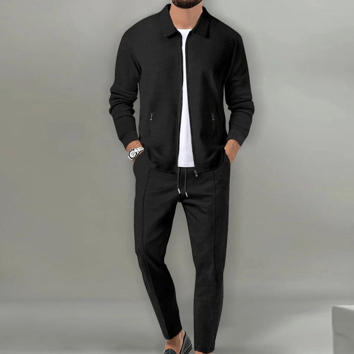 Men's Smart Casual Travel Tracksuit | Waffle Zip Two Piece Set Detail