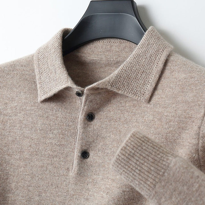 Men's Soft Long Sleeve Polo Shirt with Knit Collar Close Up