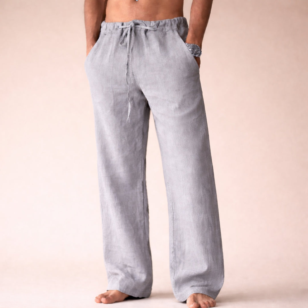 Men's Straight Leg Linen Trousers with Drawstring Waist Back