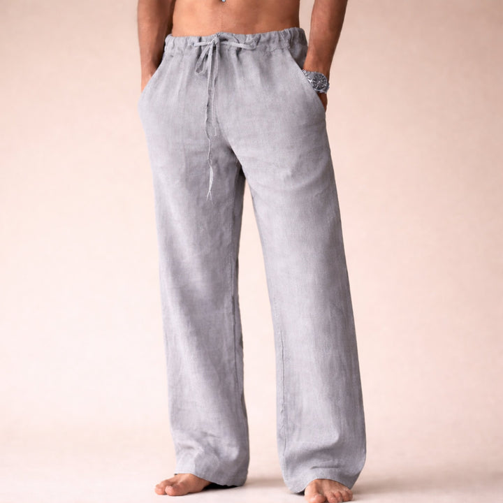 Men's Straight Leg Linen Trousers with Drawstring Waist Back
