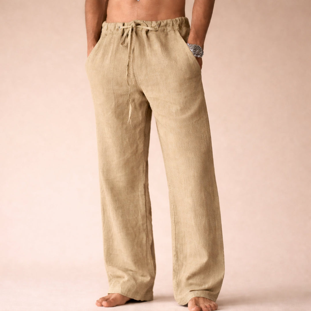 Men's Straight Leg Linen Trousers with Drawstring Waist Detail