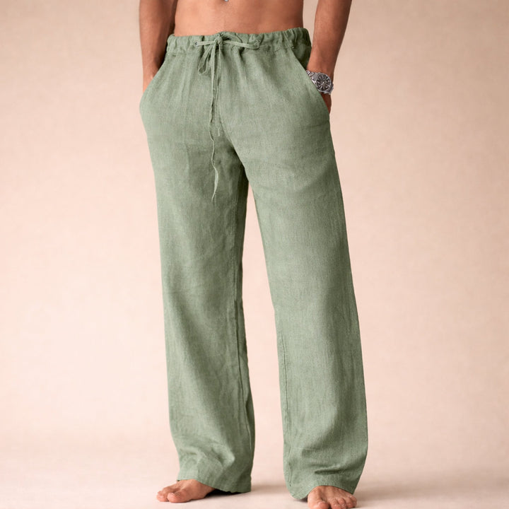 Men's Straight Leg Linen Trousers with Drawstring Waist Front