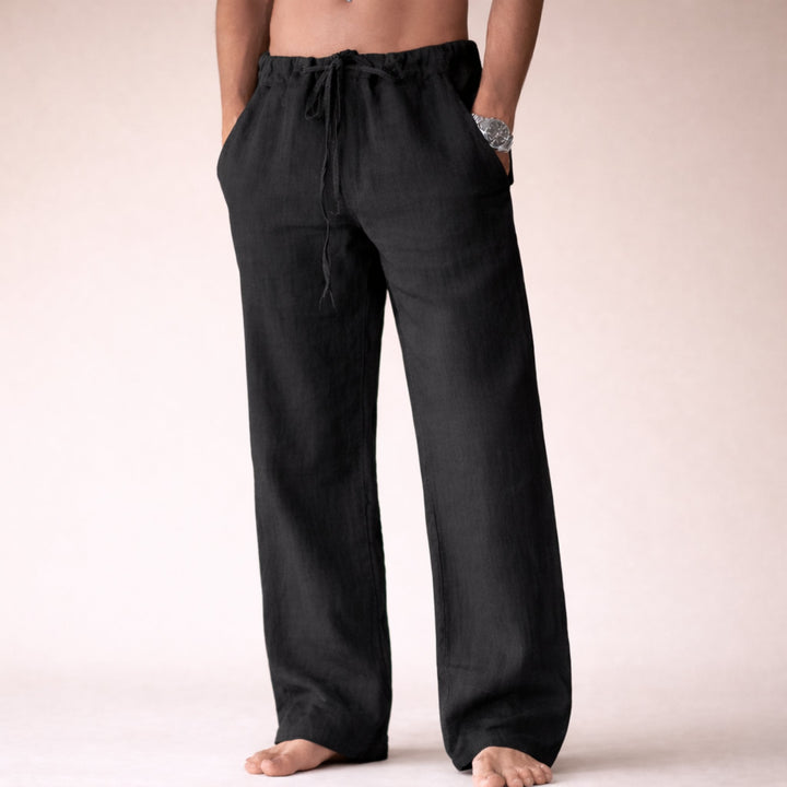 Men's Straight Leg Linen Trousers with Drawstring Waist Side