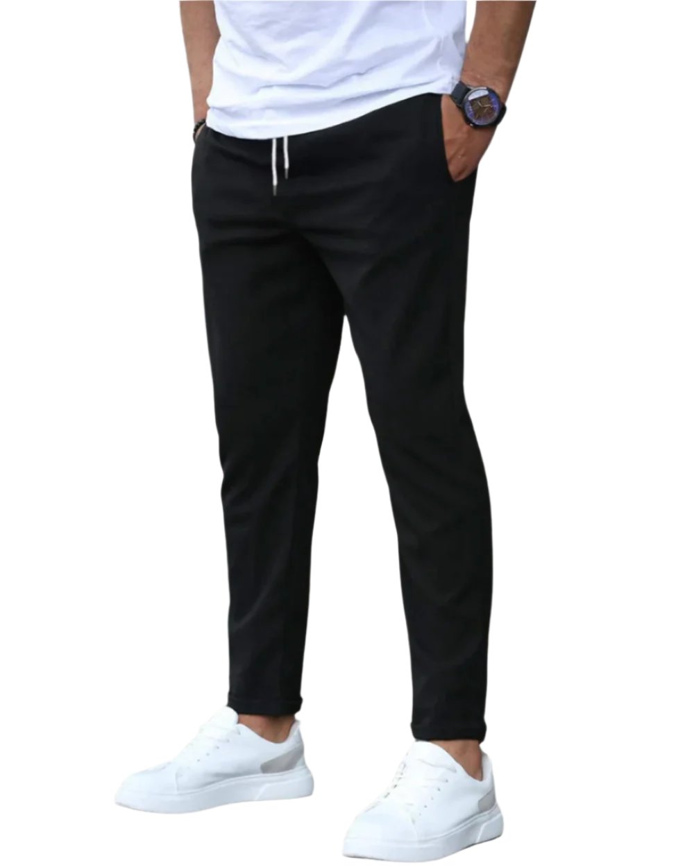 Men's Stretch Cotton Trousers with Drawstring Waist Front
