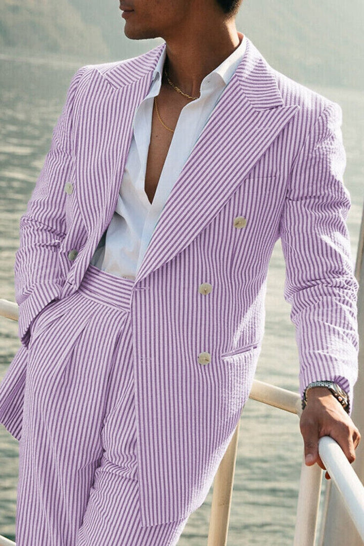 Men's Striped Double Breasted Wedding Guest Suit | Two Piece Seersucker Set Close Up
