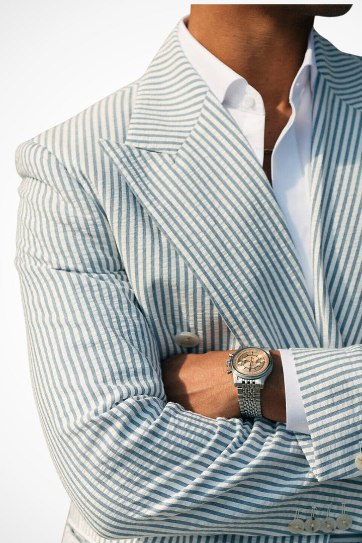 Men's Striped Double Breasted Wedding Guest Suit | Two Piece Seersucker Set Full