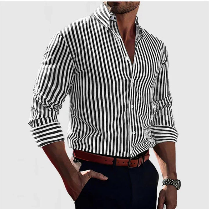 Men's Striped Long Sleeve Shirt with Vertical Print Front