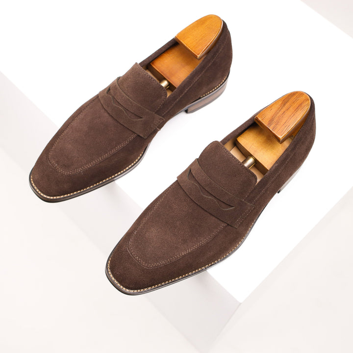 Men's Suede Penny Loafers | Slip On Keeper Strap Front